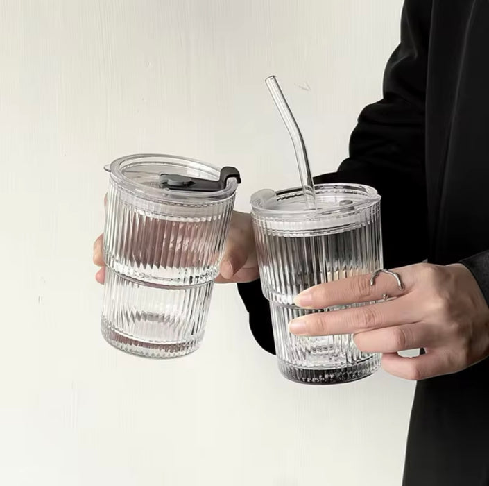 Glass Cup With Lid & Straw