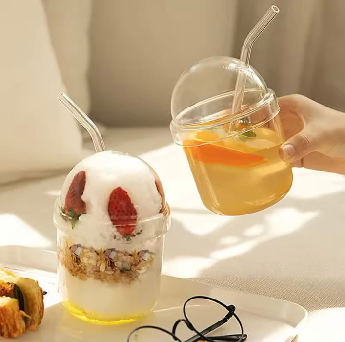 Glass Dome Cup With Glass Straw