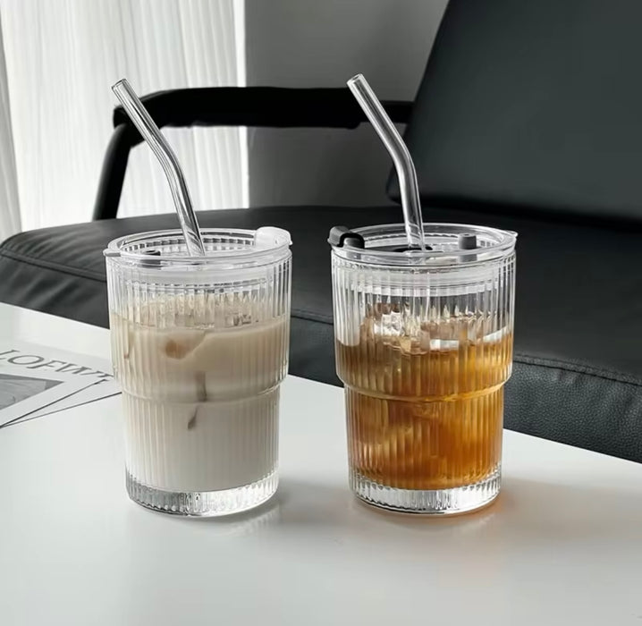 Glass Cup With Lid & Straw