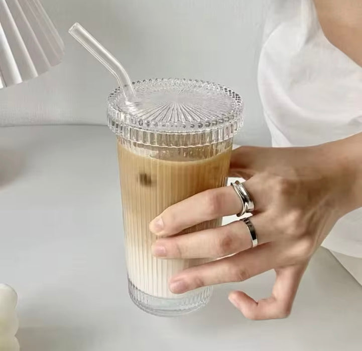 Glass Cup With Lid & Straw