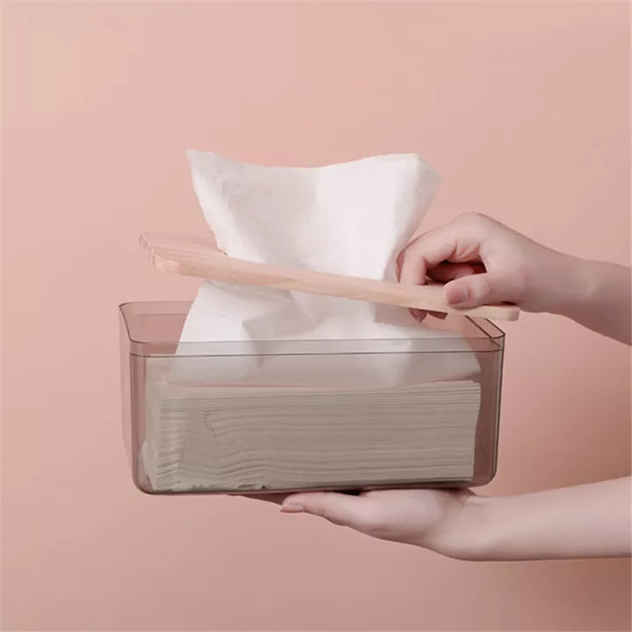 Transparent Plastic Tissue Box with Wooden Cover