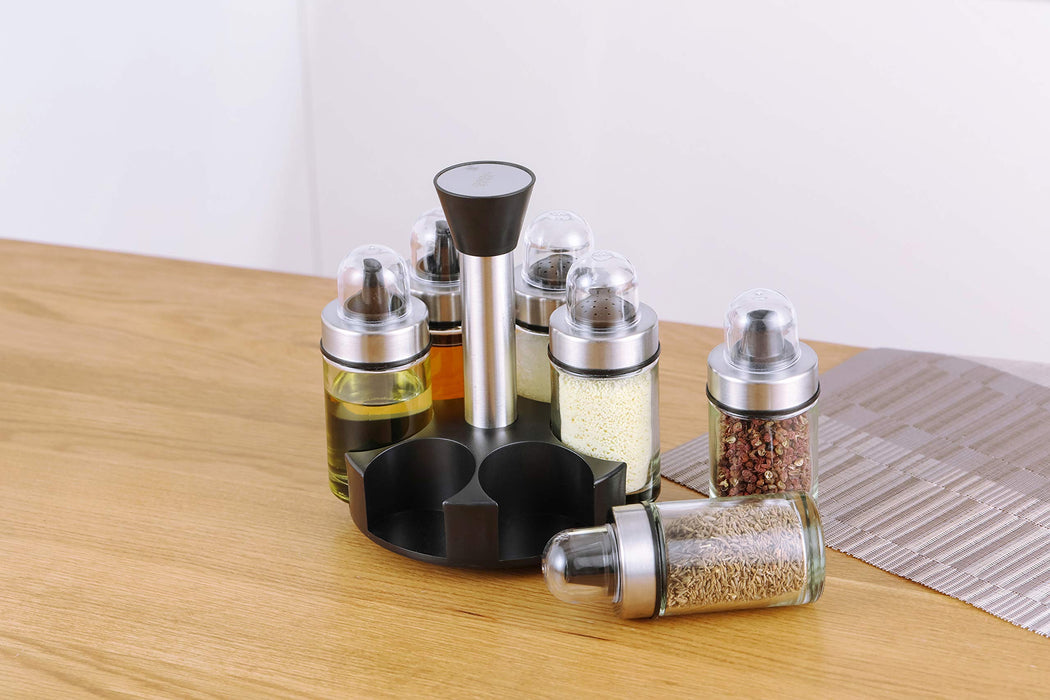 Revolving Spice Rack Organizer, Olive Oil Dispenser and Vinegar Bottle Set of 6 Bottles