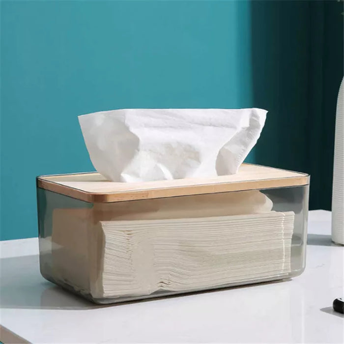 Transparent Plastic Tissue Box with Wooden Cover